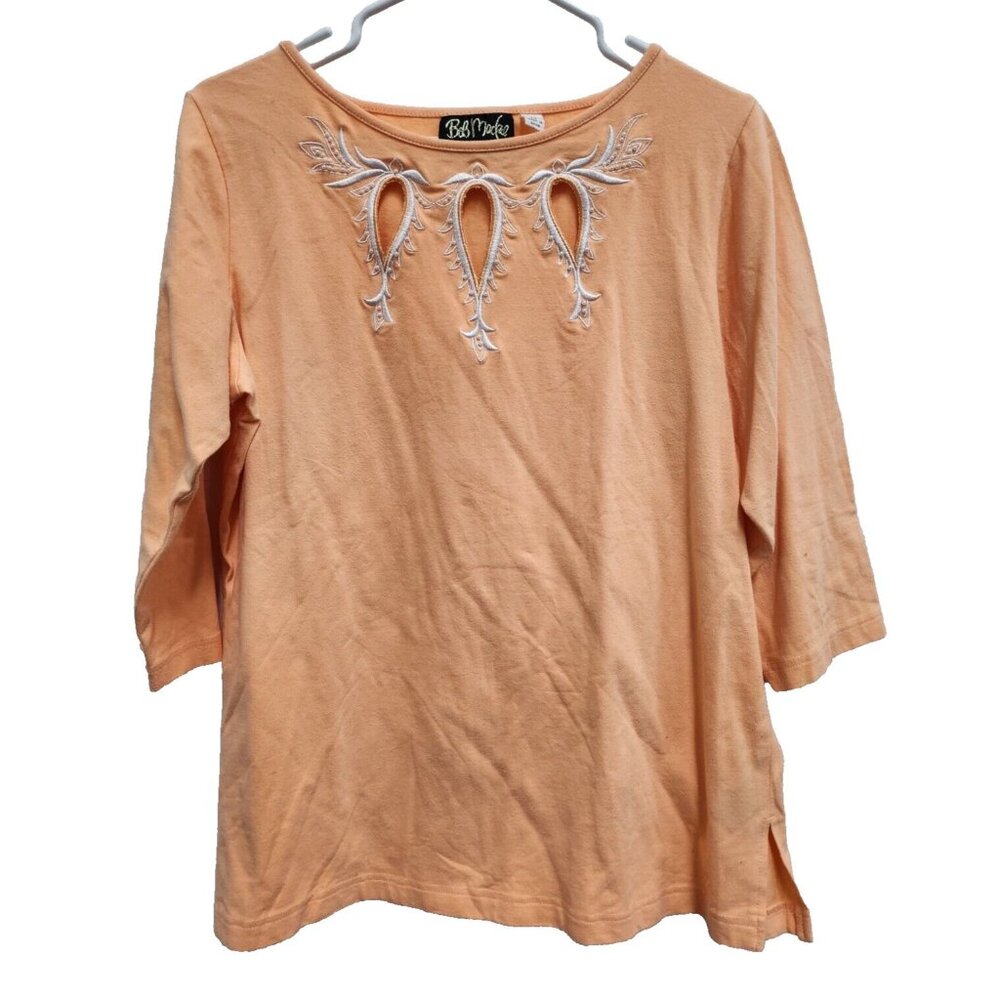 Bob Mackie Wearable Art Top Womens Medium Peach Keyhole Pearls 3/4 Sleeve